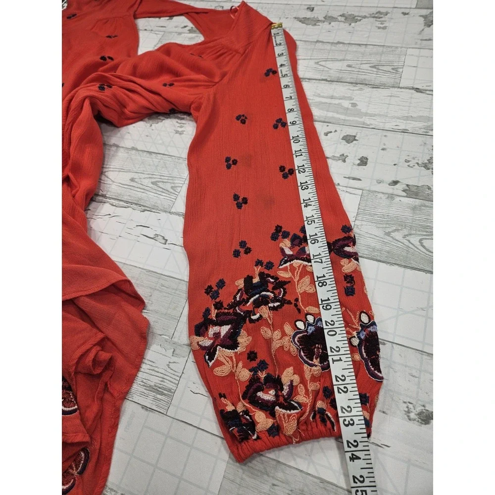 Free People Womens Xsmall Oxford Red Embroidered Floral Mini Dress